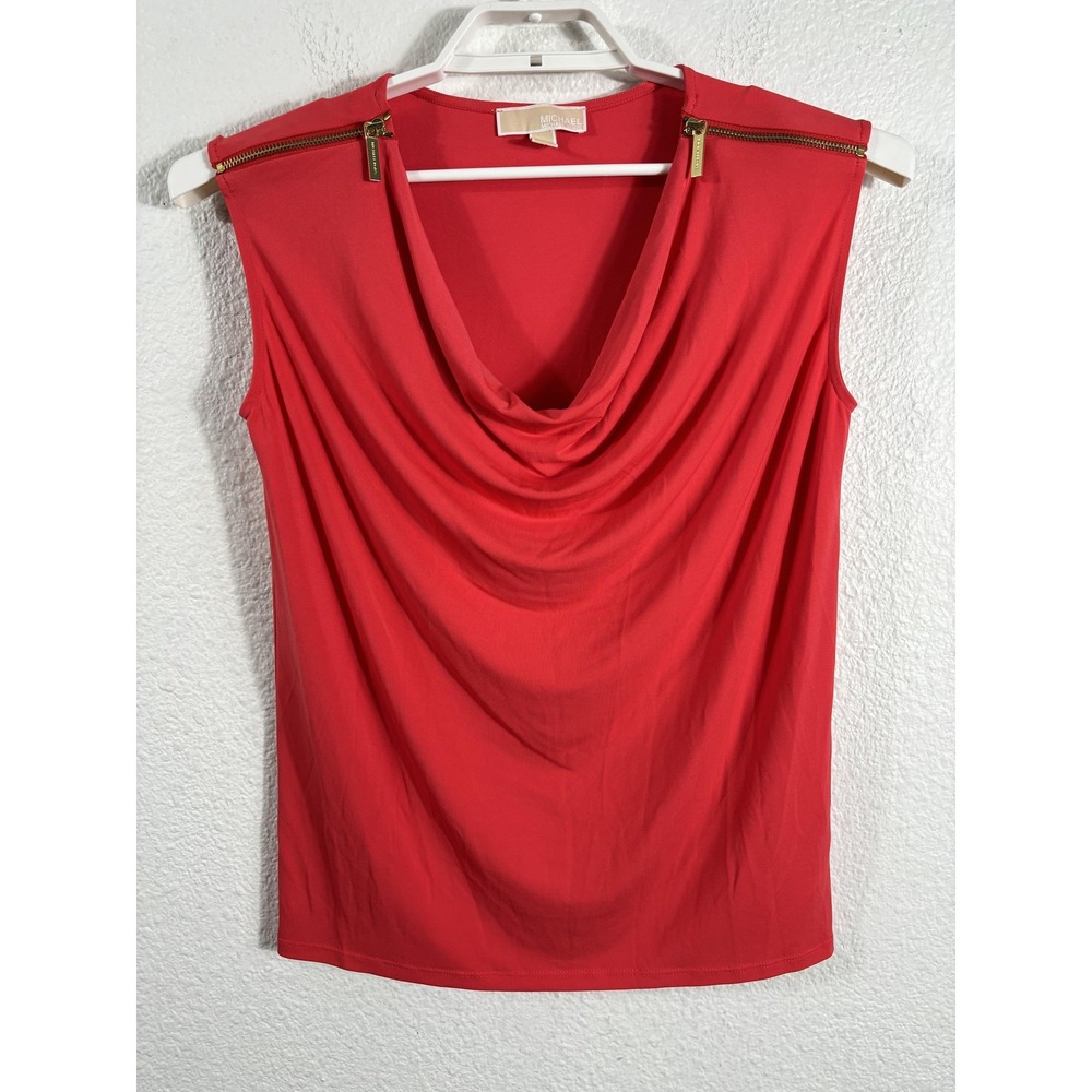 Michael Kors Top Womens Medium Orange Sleeveless Drape Neck‎ Zipper Shoulder